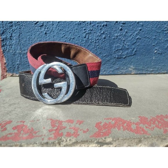 Gucci Red W/Blue Stripe Canvas w/Leather Details Belt 32"-38”